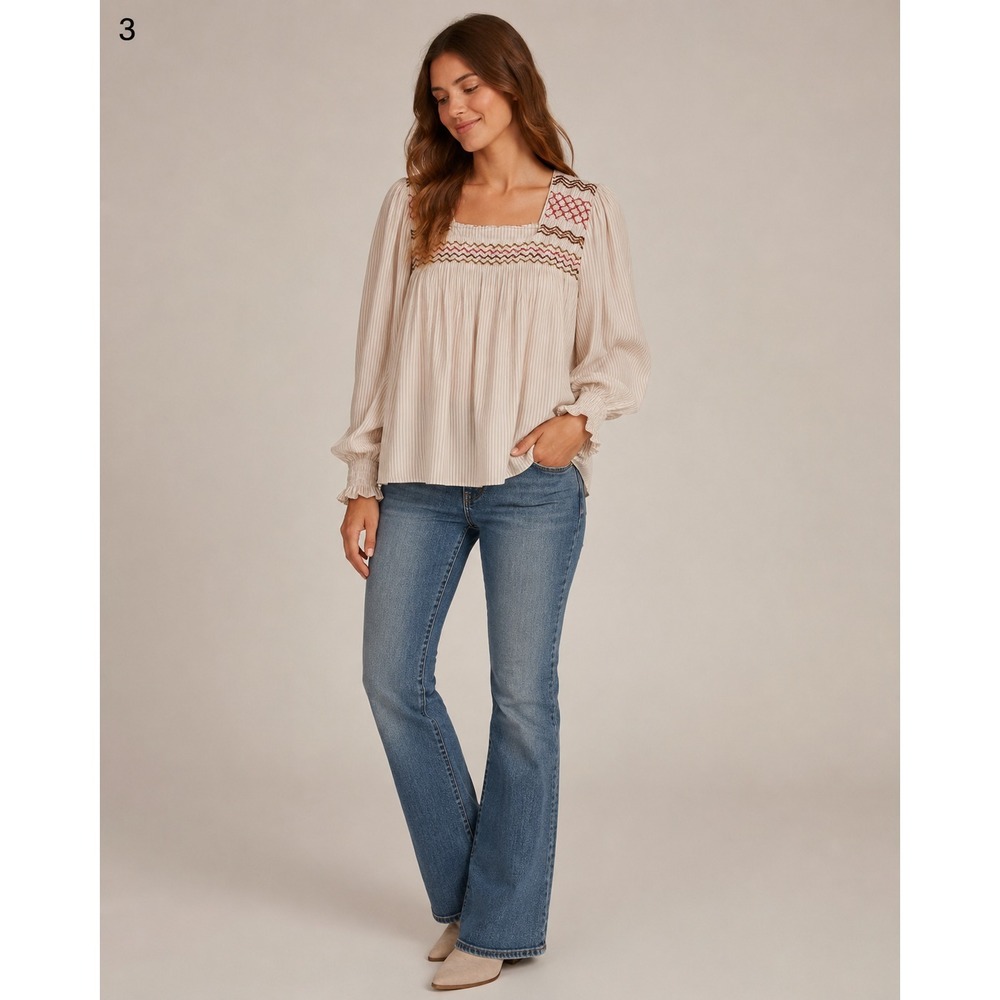 Garnet Hill Peasant Top Womens Medium Tan White Stripe Embroidered Viscose Beach